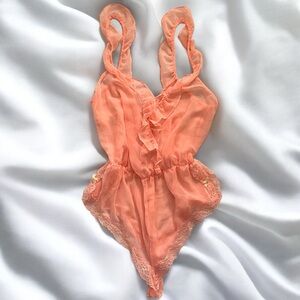 Vintage 2000s Peach Victorias Secret Sheer Lace Trimmed Romper Nightie